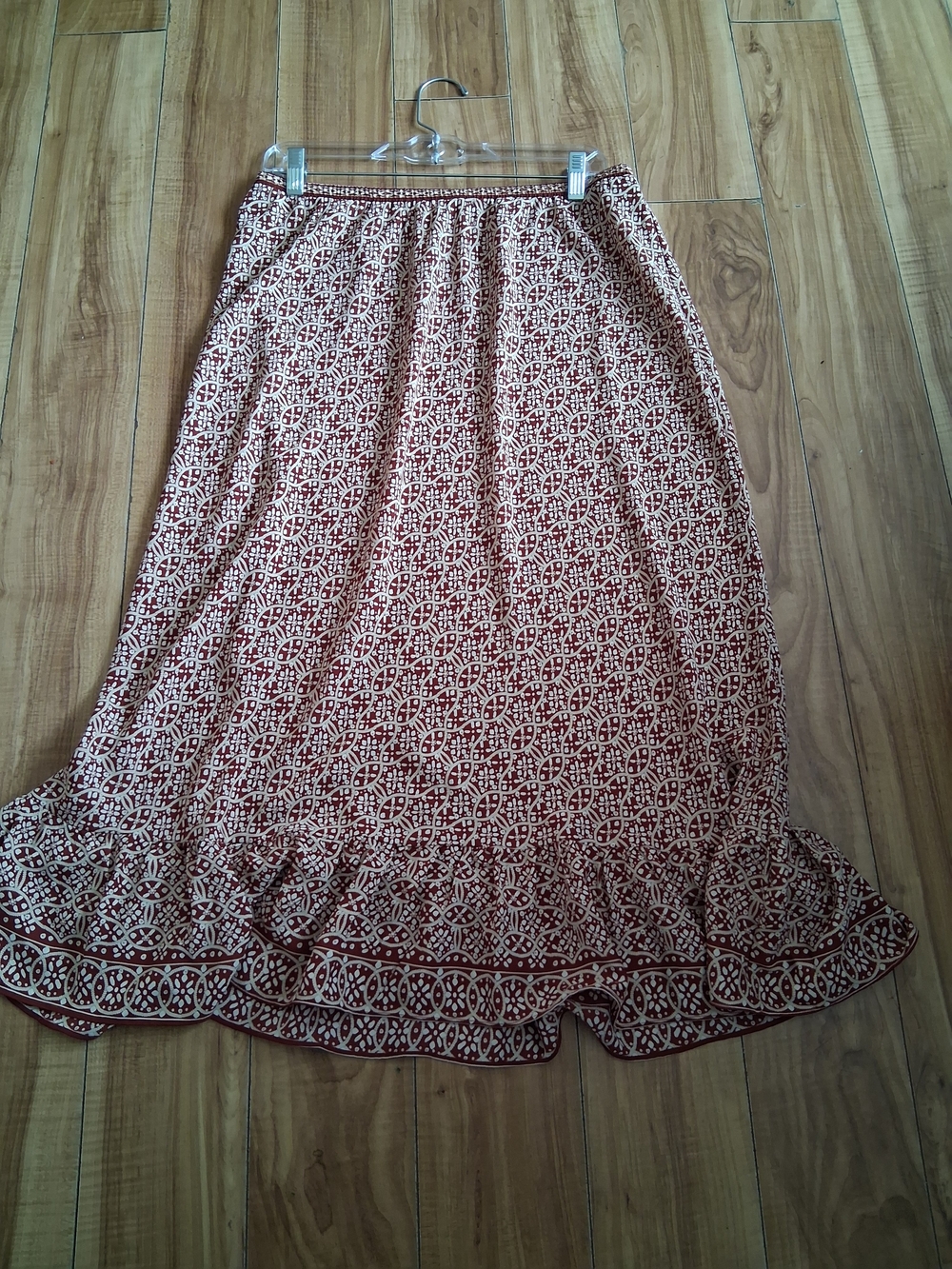 Max Studio Red and Cream Printed Maxi Skirt with Ruffle Hem